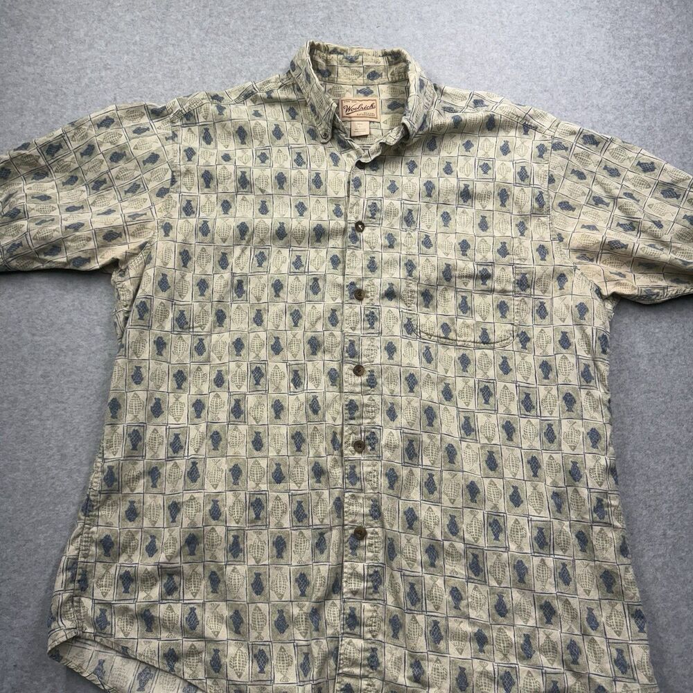 Woolrich L Beige Blue Fish All Over Print Cotton Short Sleeve Button-Up Shirt